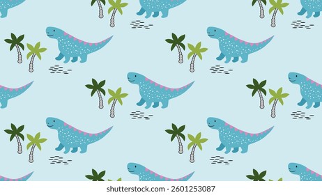 Dinosaurs seamless pattern background. Dinosaurs illustration pattern. Dinosaurs background. Perfect for fashion clothes, shirt, fabrics, textiles, wallpaper, decor, print, packaging.