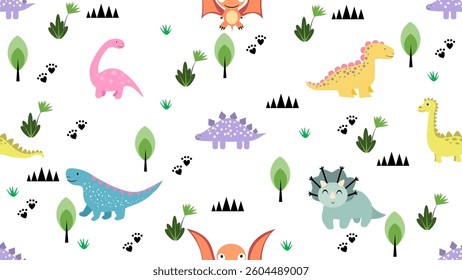 Dinosaurs seamless pattern background. Dinosaurs illustration pattern. Dinosaurs background. Perfect for fashion clothes, shirt, fabrics, textiles, wallpaper, decor, print, packaging.
