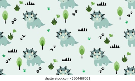 Dinosaurs seamless pattern background. Dinosaurs illustration pattern. Dinosaurs background. Perfect for fashion clothes, shirt, fabrics, textiles, wallpaper, decor, print, packaging.