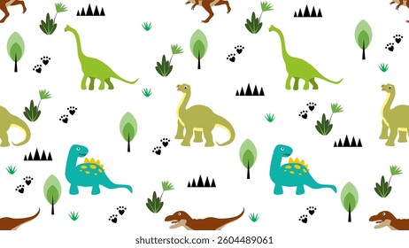 Dinosaurs seamless pattern background. Dinosaurs illustration pattern. Dinosaurs background. Perfect for fashion clothes, shirt, fabrics, textiles, wallpaper, decor, print, packaging.
