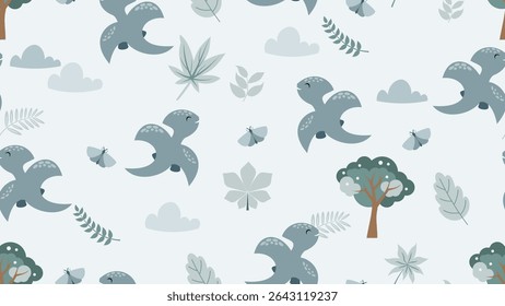 Dinosaurs seamless pattern background. Dinosaurs illustration pattern. Dinosaurs background. Perfect for fashion clothes, shirt, fabrics, textiles, wallpaper, decor, print, packaging.