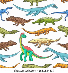 Dinosaurs seamless pattern of cartoon jurassic animals vector background. Prehistoric dino monsters and reptiles backdrop with brachiosaurus, mesosaurus and brontosaurus, eoraptor and pliosaurs
