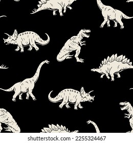 Dinosaurs Seamless Pattern. Cartoon Dinosaurs Kids Seamless Repeat Design. Vector Dinos Seamless Pattern