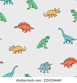 Dinosaurs Seamless Pattern. Cartoon Dinosaurs Kids Seamless Repeat Design. Vector Dinos Seamless Pattern