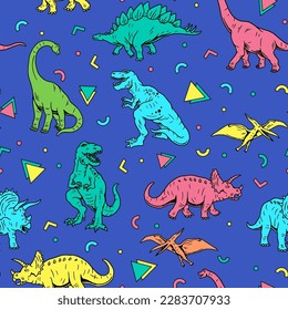 Dinosaurs Seamless Pattern. Cartoon Dinosaurs Kids Seamless Repeat Design. Dinos in Neon Colors Seamless Pattern