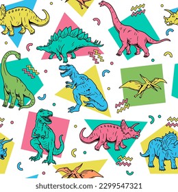 Dinosaurs Seamless Pattern. Cartoon Dinosaurs Kids Seamless Repeat Design. Dinos in Neon Colors Seamless Pattern