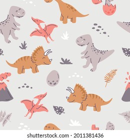 Dinosaurs seamless pattern in cartoon scandinavian style. Children's pattern with dinos, eggs, volcanoes, plants in pastel nursery color. 