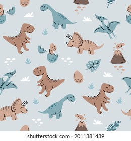 Dinosaurs seamless pattern in cartoon scandinavian style. Children's pattern with dinos, eggs, volcanoes, plants for fashion clothes, shirt, fabric. Kids blue dino pattern for boys.