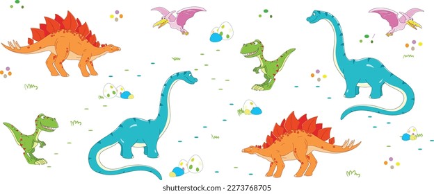 Dinosaurs in seamless pattern.
Childish seamless pattern with hand-drawn dinosaurs.