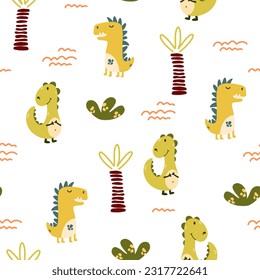 Dinosaurs Seamless pattern. Children background with hand-drawn Dino in Scandinavian style. Perfect for fabric, textiles, scrapbooking and more. Vector Illustration