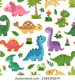 Dinosaurs seamless pattern. Children's cartoon dinosaurs and prehistoric plants seamless background for fabric, paper, packaging and other design. White background.