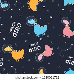 Dinosaurs seamless pattern. Colored Dino fly into space and look at the constellation. Space texture for children's fashion or design. Vector illustration