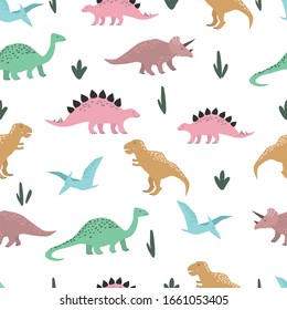 Dinosaurs seamless pattern. Colorful characters on white background. Hand drawn vector wrapping paper template.