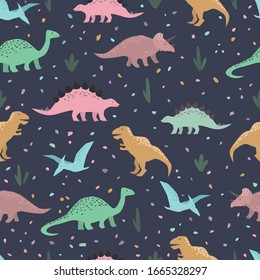 Dinosaurs seamless pattern. Colorful characters on dark abstract background. Hand drawn vector wrapping paper template. Childish.