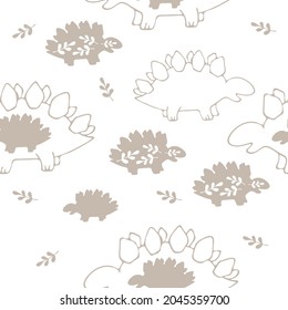 Dinosaurs seamless pattern. Colorful characters, plants and abstract shapes on background. Vector illustration for printing on fabric, postcard, wrapping paper, gift products, Wallpaper, clothing. 