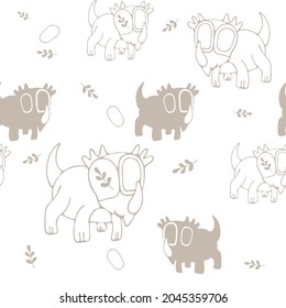 Dinosaurs seamless pattern. Colorful characters, plants and abstract shapes on background. Vector illustration for printing on fabric, postcard, wrapping paper, gift products, Wallpaper, clothing. 