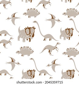 Dinosaurs seamless pattern. Colorful characters, plants and abstract shapes on background. Vector illustration for printing on fabric, postcard, wrapping paper, gift products, Wallpaper, clothing. 