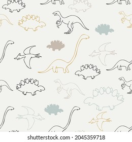 Dinosaurs seamless pattern. Colorful characters, plants and abstract shapes on background. Vector illustration for printing on fabric, postcard, wrapping paper, gift products, Wallpaper, clothing. 