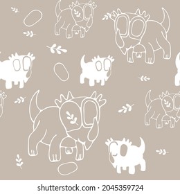 Dinosaurs seamless pattern. Colorful characters, plants and abstract shapes on background. Vector illustration for printing on fabric, postcard, wrapping paper, gift products, Wallpaper, clothing. 
