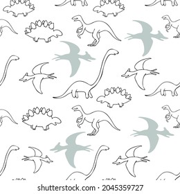 Dinosaurs seamless pattern. Colorful characters, plants and abstract shapes on background. Vector illustration for printing on fabric, postcard, wrapping paper, gift products, Wallpaper, clothing. 