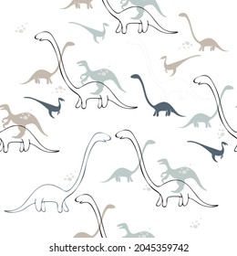 Patrón ininterrumpido de dinosaurios. Caracteres coloridos, plantas y formas abstractas sobre el fondo. Ilustración vectorial para imprimir en tela, postal, papel de embalaje, productos de regalo, Papel tapiz, ropa. 