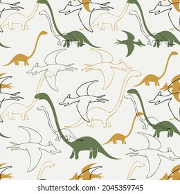 Dinosaurs seamless pattern. Colorful characters, plants and abstract shapes on background. Vector illustration for printing on fabric, postcard, wrapping paper, gift products, Wallpaper, clothing. 