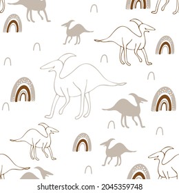 Dinosaurs seamless pattern. Colorful characters, plants and abstract shapes on background. Vector illustration for printing on fabric, postcard, wrapping paper, gift products, Wallpaper, clothing. 