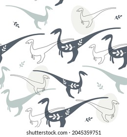 Dinosaurs seamless pattern. Colorful characters, plants and abstract shapes on background. Vector illustration for printing on fabric, postcard, wrapping paper, gift products, Wallpaper, clothing. 