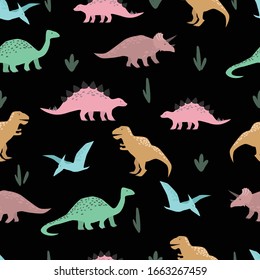 Dinosaurs seamless pattern. Colorful flat style characters on black background. Hand drawn vector wrapping paper template.