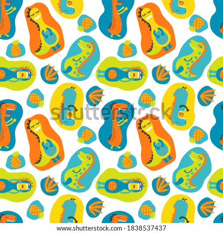 Dinosaurs seamless pattern, colorful motif. Vector illustration with dino on vivid spots. Cute childish design for baby fabric, wallpaper, clothing, nursery, digital paper. Graphic for kids, boy, girl