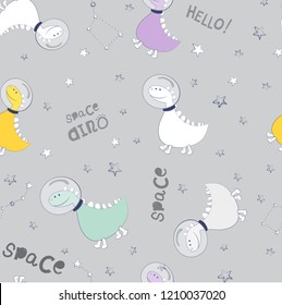 Dinosaurs seamless pattern. Dino fly into space and look at the constellations. Space texture of pastel colors for children's fashion or design. Vector illustration