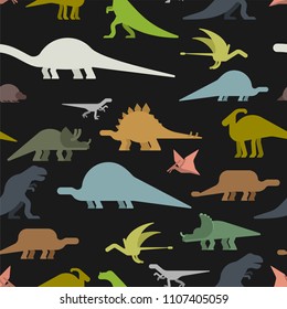 Dinosaurs seamless pattern. Dino texture. Prehistoric monster lizard background. Ancient animal cartoon style. Childrens cloth ornament. Vector illustration
