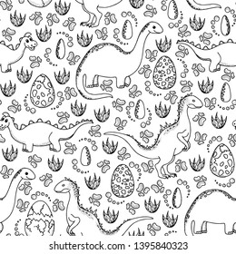 Dinosaurs seamless pattern. Hand drawn cartoon dinosaurs on white background. Vector illustration.