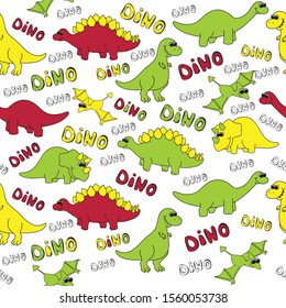Dinosaurs. Seamless pattern with the inscription Dino. Vector illustration in doodle style. Hand drawn. colored on white.