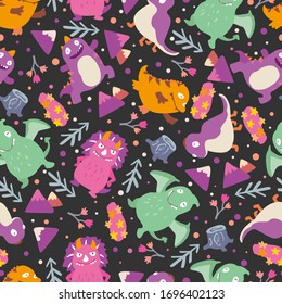 Dinosaurs seamless pattern for kids, Creative vector childish background