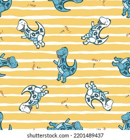Dinosaurs Seamless pattern for kids fashion. Dancing Cute T-Rex  Dinosaur. Vector Striped Background. Yellow, white and blue colors