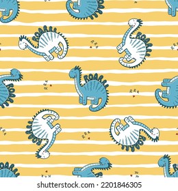 Dinosaurs Seamless Pattern for Kids Fashion. Cute Brachiosaurus. Vector Striped Yellow Background  with White and Blue Dinosaur