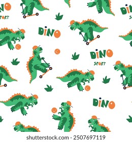 Dinosaurs seamless pattern. Dinosaurs on skateboard and with ball. Flat children vector background. Suitable for printing on paper and fabric.