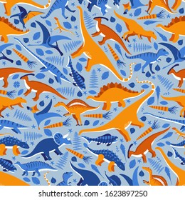 Dinosaurs in seamless pattern, prehistoric creatures of Jurassic period animals vector illustration. Isolated icons of dino world, swimming walking and flying dinosaurs in flat cartoon style for print