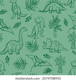 Dinosaurs seamless pattern , set illustrations,monochrome sketch, hand drawn vector