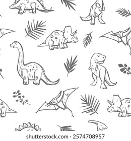 Dinosaurs seamless pattern , set illustrations,monochrome sketch, hand drawn vector