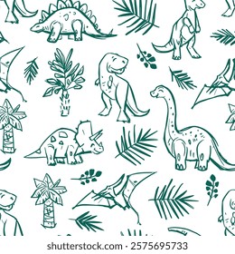 Dinosaurs seamless pattern , set illustrations,monochrome sketch, hand drawn vector