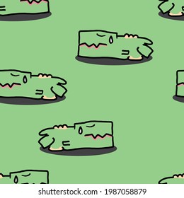 Dinosaurs seamless pattern, Tired T-Rex cartoon characters on green background. 