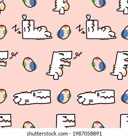 Dinosaurs seamless pattern, T-Rex and dino egg on pink wallpaper.