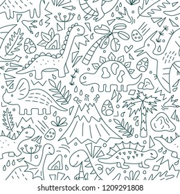 Dinosaurs. Seamless pattern. Vector illustration in doodle style. Hand drawn. Linear. Black and white