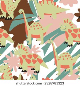 Dinosaurs seamless pattern in warm tones. Vector illustration includes a T-Rex, Triceratops, Brachiosaurus, and a Stegosaurus.
Lines and flowers in the background.