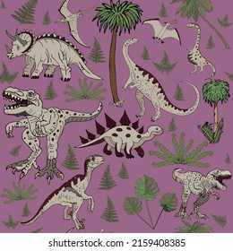 Dinosaurs seamless vector background for creating prints, fabric, textile, flyer, digital paper, etc. Funny characters dinosaurs with floral elements, purple seamless pattern.