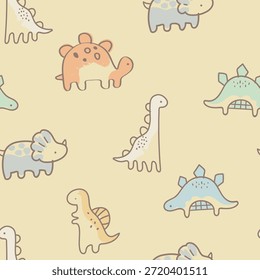 Dinosaurios Patrón de Vector sin fisuras, Dinosaurios Niños Seamless Repeat Diseño y fondo en amarillo, scrapbook textil