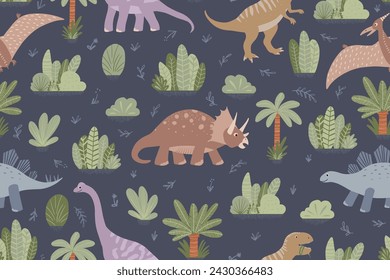 Dinosaurs Seamless Vector Pattern, Line art Dinosaurs Kids Seamless Repeat Design, textile scrapbook