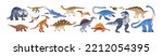 Dinosaurs set. Ancient reptile animals of prehistory Jurassic period. Different species of prehistoric extinct reptilian raptors. Realistic flat vector illustration isolated on white background